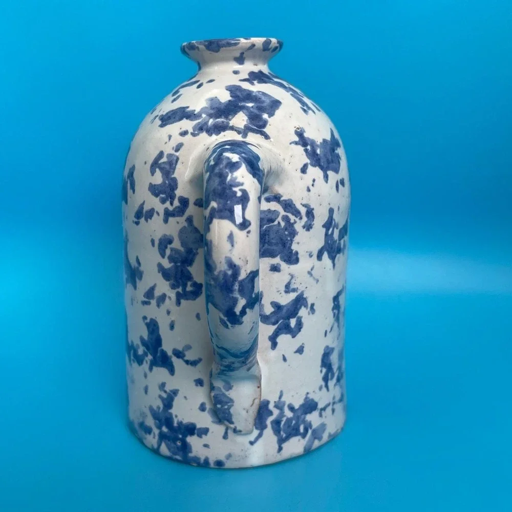Vintage Spongeware Stoneware Pottery‎ Candle Holder Lantern White Blue Speckled